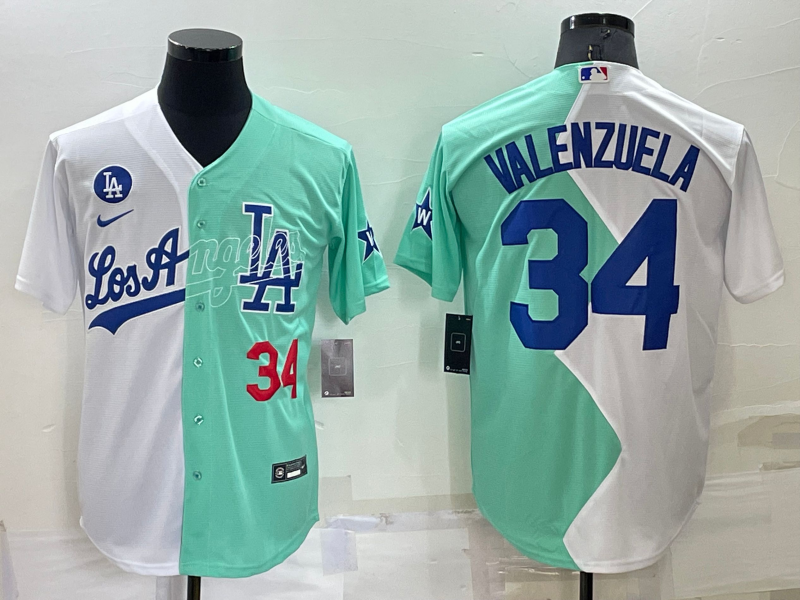 Men's Los Angeles Dodgers #34 Fernando Valenzuela 2022 All-Star White/Green Cool Base Stitched Baseball Jersey Men's Los Angeles Dodgers #34 Fernando Valenzuela 2022 All-Star White/Green Cool Base Stitched Baseball Jersey